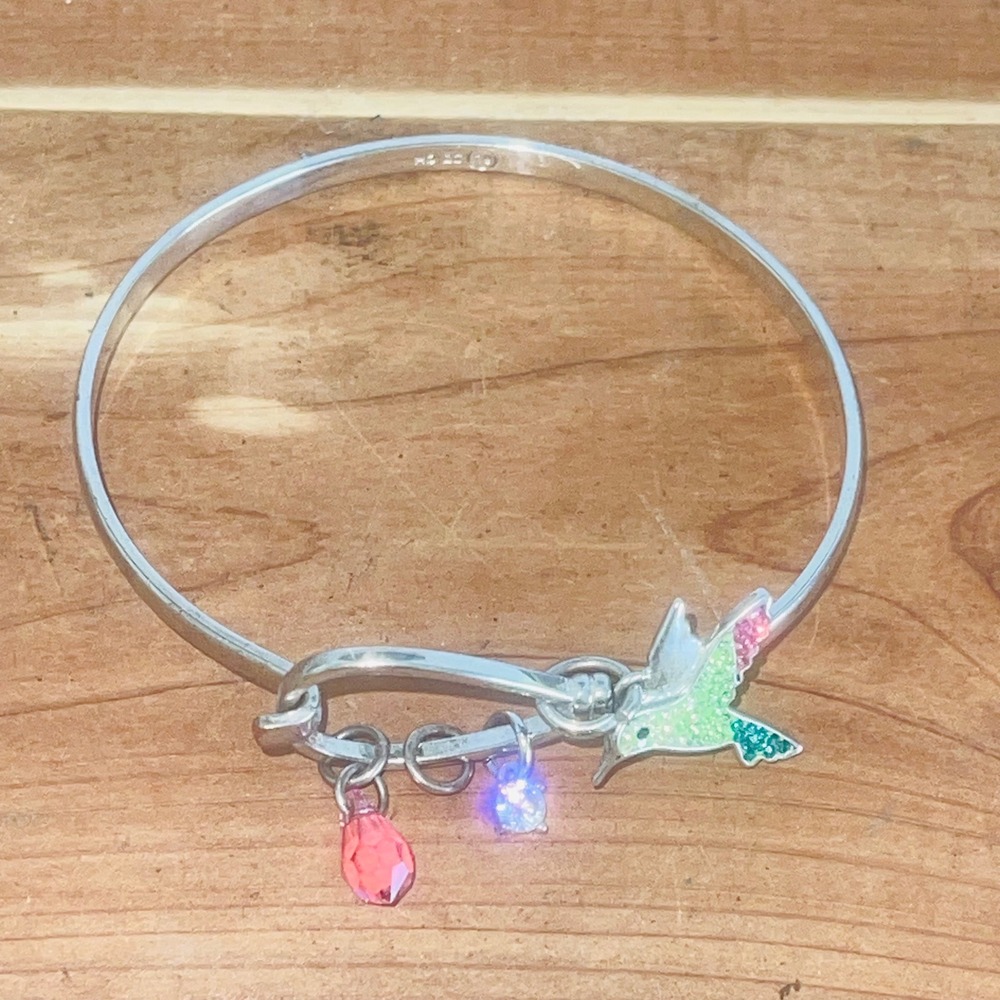 MS Hummingbird Charm Bangle Bracelet Silver Tone Multicolor Enamel Hook Clasp
